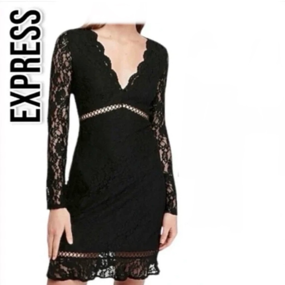 Express Scalloped Lace‎ V Neck Mini Dress Black XS